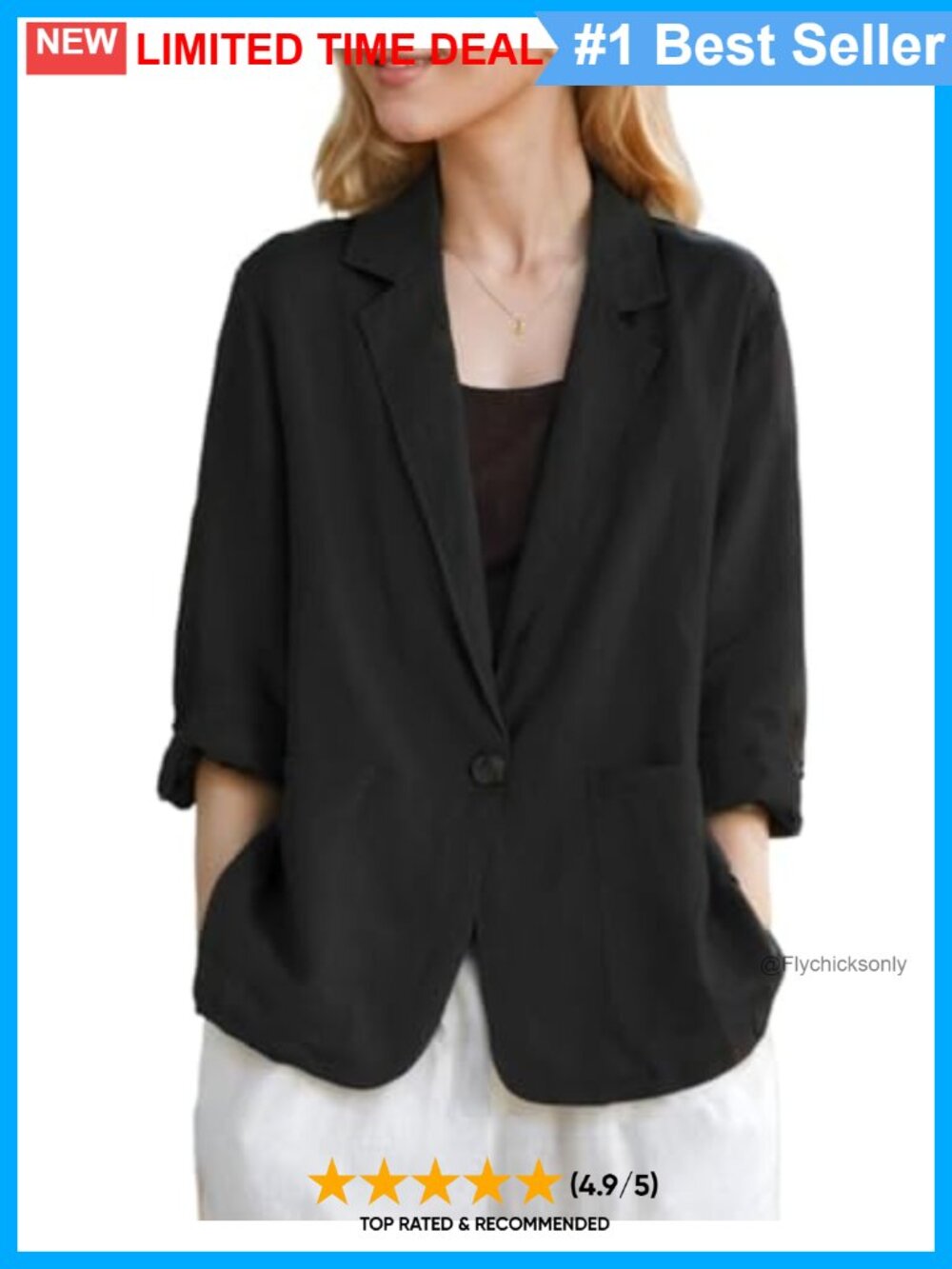 Linen Blazer 3/4 Sleeve Notch Lapel Button Work Office Casual